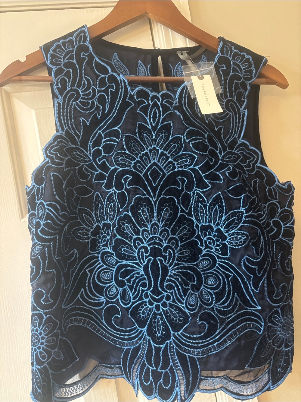 Sleeveless velvety Navy Top with Blue Embroidered Lace